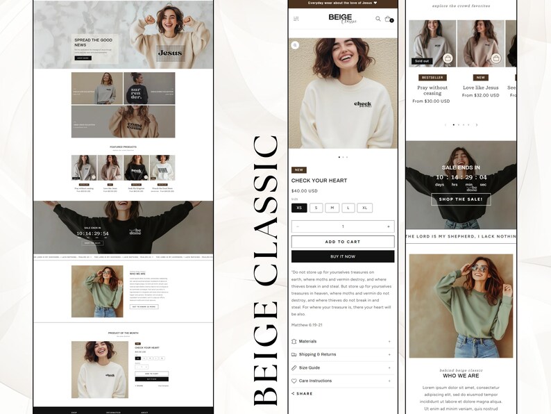 May include: Beige Classic collection website featuring a white sweatshirt with the text "Check Your Heart" and a model wearing the sweatshirt. The website also features a countdown timer, a sale announcement, and a description of the product.