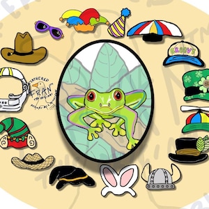 May include: A central illustration of a green frog surrounded by various colourful headwear including a cowboy hat, jester cap, party hat, baseball cap with the word groovy, green clover hat, propeller beanie, top hat, viking helmet, and bunny ears.