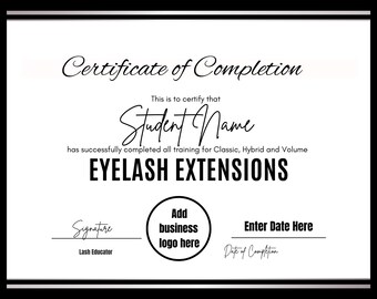 Modèle de certificat de cours modifiable d'extensions de cils, Canva, certificat d'achèvement, cours de bricolage sur les cils