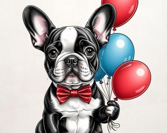 Niedliche Französische Bulldogge mit Luftballons - Digital Art Print