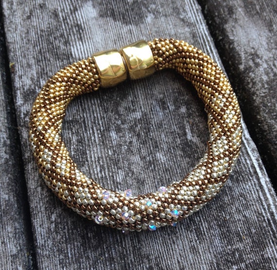 OMBRE' Bracelet Single Stitch Bead Crochet Pattern and Crocheting Instructions in Bronze Silver and Gold color way