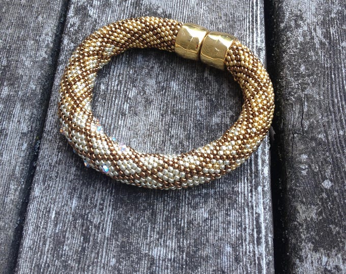 Featured listing image: Single Stitch Bead Crochet Bracelet OR NECKLACE Kit and Pattern in OMBRE Gold Silver, Bronze and Crystals colorway