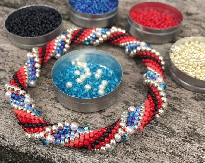 Featured listing image: The Patriot Slip Stitch Bead Crochet Bracelet Kit includes an optional clasp. Free US shipping