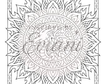 May include: Black and white dragon mandala coloring page. The design features a detailed dragon illustration at the center, surrounded by intricate floral and flame-like patterns. A rectangular border frames the circular design.