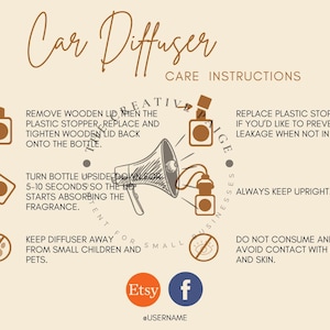 Op de afbeelding: Een beige afbeelding met instructies voor een auto-diffuser. De tekst luidt "Car Diffuser Care Instructions" met illustraties en stappen over hoe het product te gebruiken. Inclusief Etsy- en Facebook-pictogrammen.