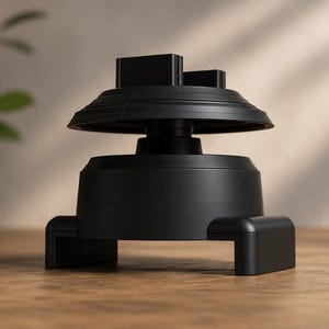 Pode incluir: Um suporte de plástico preto mate com uma base circular larga com dois pés retangulares e uma secção superior cónica escalonada. A estrutura inclui um suporte cilíndrico central que liga a base à plataforma superior, que tem duas pequenas saliências retangulares elevadas.