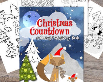 May include: A Christmas Countdown coloring and activity book featuring a fox wearing a Santa hat and a mouse. The cover has a blue background with white stars and a watercolor effect.