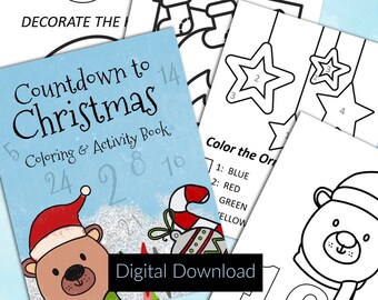 May include: A blue and white printable coloring book with a Christmas theme. The cover features a cartoon bear wearing a Santa hat and the text "Countdown to Christmas Coloring & Activity Book".