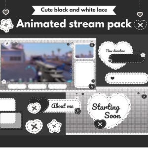 キュートな白黒レースのストリーミングオーバーレイパック | リボン、ハート、かわいいVTuber向け OBS用オーバーレイ -Streamlabs