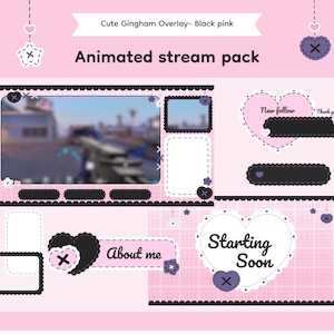 May include: Pink and black animated stream pack with a cute gingham overlay. The design includes a main video frame, chat boxes, and social media elements. Text includes "Animated stream pack", "New follow", "Thank you", "About me", and "Starting Soon".