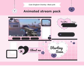 Cute Gingham Overlay | Black and pink | Kawaii VTuber Aesthetic for OBS—Streamlabs
