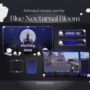 Blue Nocturnal Bloom Stream Overlay - Aesthetic Blue Night Twitch Overlay | OBS & Streamlabs Overlay for Streamers | Vtuber Setup