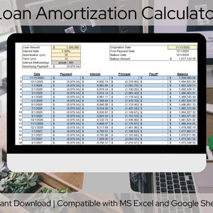 May include: A computer screen displaying a loan amortization calculator spreadsheet with a blue and white color scheme. The spreadsheet shows the loan amount, interest rate, term, and other details. The spreadsheet also shows the monthly payment, interest, principal, payoff, and balance for each month of the loan. The spreadsheet is titled "Loan Amortization Calculator".