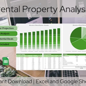 May include: A green and white spreadsheet with a bar graph and pie chart. The spreadsheet is titled "Rental Property Analysis" and includes the text "Up to 10 Year Projection", "1-4 Unit Analysis", "Analyze Potential Deals", and "5 Tabs Included".