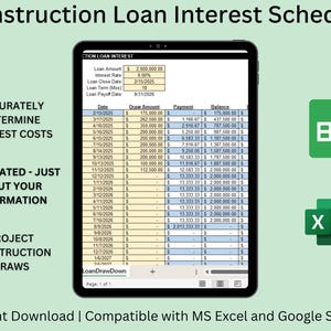 Op de afbeelding: Een screenshot van een tablet waarop een spreadsheet met een renteplanning voor een bouwlening wordt weergegeven. De spreadsheet toont het leenbedrag, de rentevoet, de datum van afsluiting van de lening, de looptijd van de lening en de datum van terugbetaling van de lening. De spreadsheet toont ook het uitbetaalde bedrag, de betaling en het saldo voor elke maand van de looptijd van de lening. De spreadsheet is compatibel met MS Excel en Google Sheets.