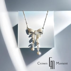 18K White Gold Plated Sterling Silver Bow Necklace – Elegant Pendant with Dangling Ball