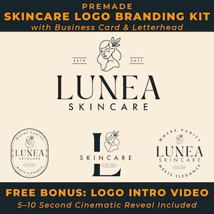 Kit de logotipo de cuidado de la piel prediseñado con tarjeta de presentación, membrete y video de introducción de logotipo gratuito / Paquete de marca moderno y elegante para marcas de belleza.