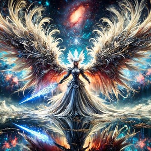 Celestial Valkyrie Art Print – Angelic Warrior Goddess, Fantasy Wall Decor, Divine Guardian, Ethereal Wings, Nordic Mythology Poster