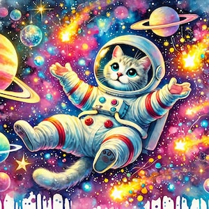 Astronauten-Katze – Bunte Space-Kunst fürs Kinderzimmer, Weltraum-Deko für Kinder, lustiges Katzenbild, Digitaler Download
