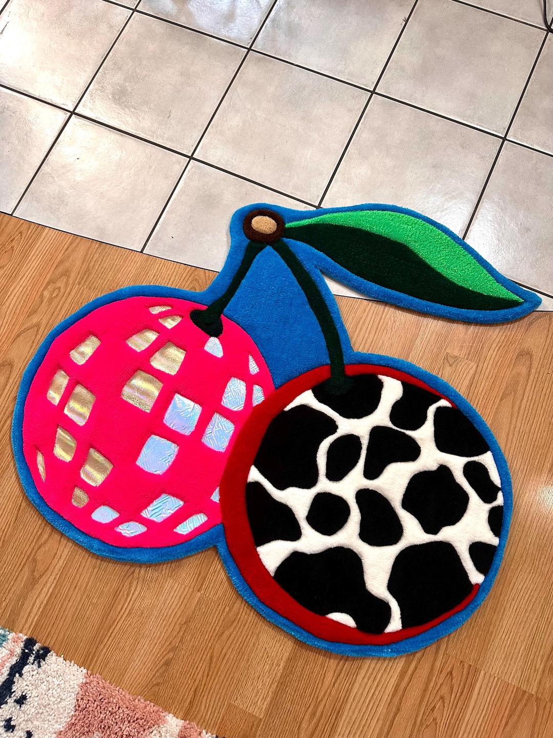 Hand Tufted Cow Print Cherry Disco Ball Rug/wall Hanging - Etsy