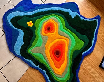 Hand Tufted Hawaii Big Island Topographic and water depth Rug/ Wall Hanging