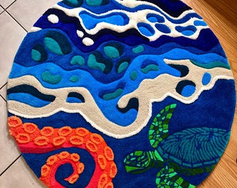 Hand Tufted Abstract Ocean, Octopus and Sea Turtle Rug/ Wall Hanging