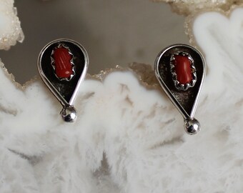 Sterling Coral  Teardrop Shape Post Earrings 13x7mm