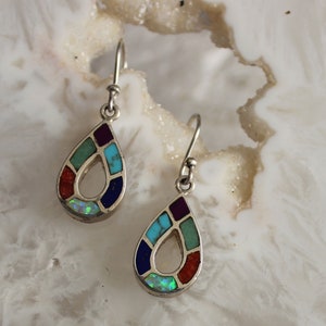SALE Vintage Sterling 2 Sided Turquoise  Lapis Onyx Opal Inlay Native American/Southwestern Earrings 1 1/4&quot;