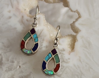 SALE Vintage Sterling 2 Sided Turquoise  Lapis Onyx Opal Inlay Native American/Southwestern Earrings 1 1/4"