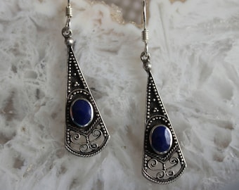 Vintage Sterling  Filigree Bali Lapis Inlay Earrings 1 3/4"