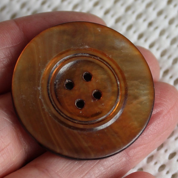 SALE Vintage  36mm Carved Shell Copper Color  Button 4 hole 1 Piece