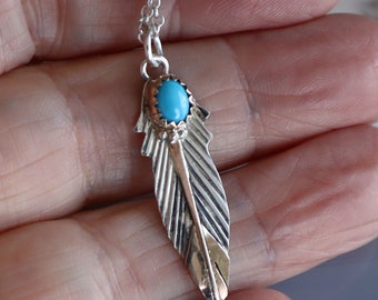 Jewelry Rescue  Sterling Silver Goldfilled Turquoise Vintage Feather Pendant 1 3/8"