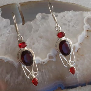 3 Red Stone  Vintage Sterling Earrings 2 1/4&quot;
