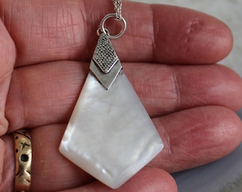 SALE Jewelry Rescue Luminous Sterling and Mother of Pearl Shell  Pendant 2" Long