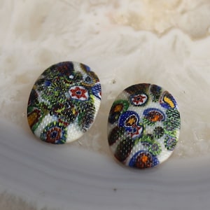 2 pc Vintage White Background Colorful 25x18 mm Millefiore Oval Glass Cabachons #2