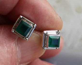 7mm  Square Green Glass Sterling  Post Earrings