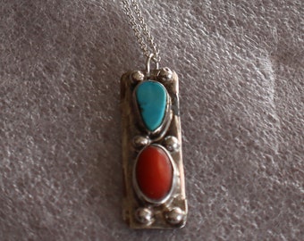 Jewelry Rescue  Sterling Silver Rustic Turquoise Coral  Vintage  Pendant 2 1/4"