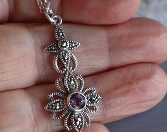 Jewelry Rescue Floral Sterling Marcasite Purple Amethyst Pendant 1 1/2" Long