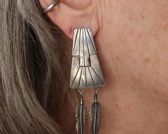 Long Sterling   Hinged Feather Post Drop Single  Earring 2 5/8"