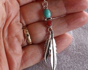 Jewelry Rescue  Sterling Silver Turquoise Coral  Vintage Feather Pendant 2 3/4"