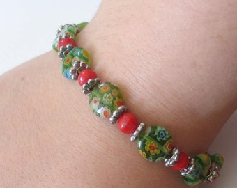 SALE Red and Green Glass and Sterling Bracelet