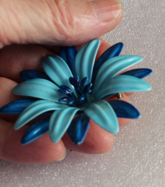 SALE Flower Power Large  Blue Enamel Brooch - image 5