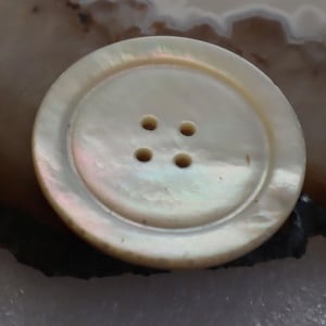 May include: A large, round, iridescent button with four holes. The button has a pearlescent sheen and a raised outer rim. This sewing notion is suitable for various craft and apparel projects.