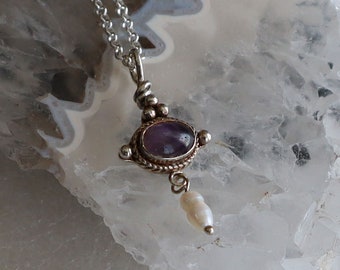 Jewelry Rescue Pendant  Sterling Silver Pearl Amethyst 27x12mm Long