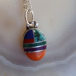 Jewelry Rescue Sterling Silver Mosaic Turquoise Lapis Coral Shell Inlay Pendant 7/8&quot; Long
