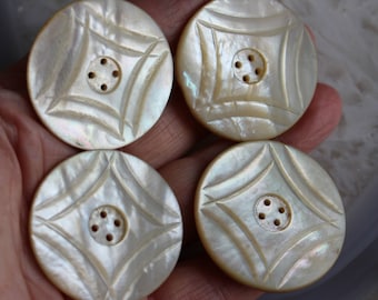 Antique 38mm   Carved Shell Button 4 hole  Sold as Set of 4 or Individually