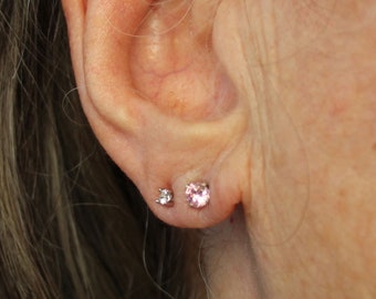 SINGLE 4mm  Pale Pink CZ Round Vintage Sterling  Post Earring