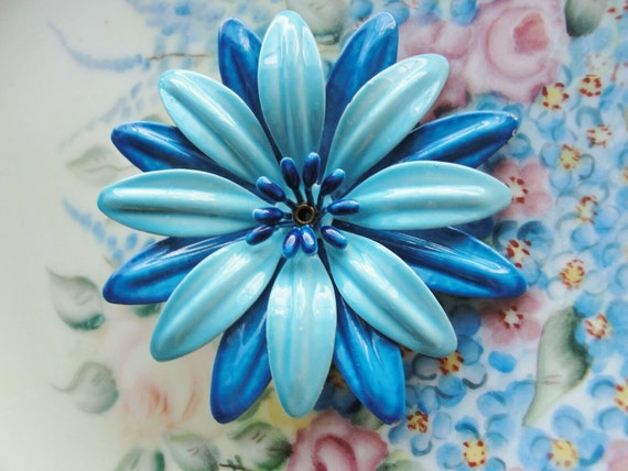 SALE Flower Power Large  Blue Enamel Brooch - image 1