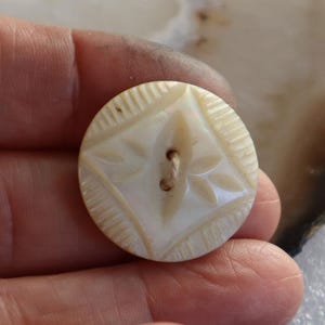 May include: A round, off-white button with a carved floral design. The button has two holes and a decorative pattern of leaves and lines. The button is made of a pearlescent material.