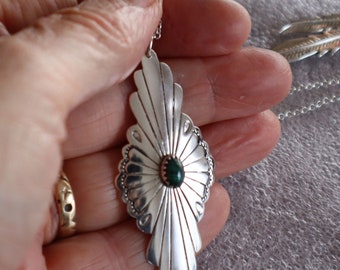 Jewelry Rescue Vintage Sterling Silver Malachite Southwestern Concho Necklace  2 3/8" Long